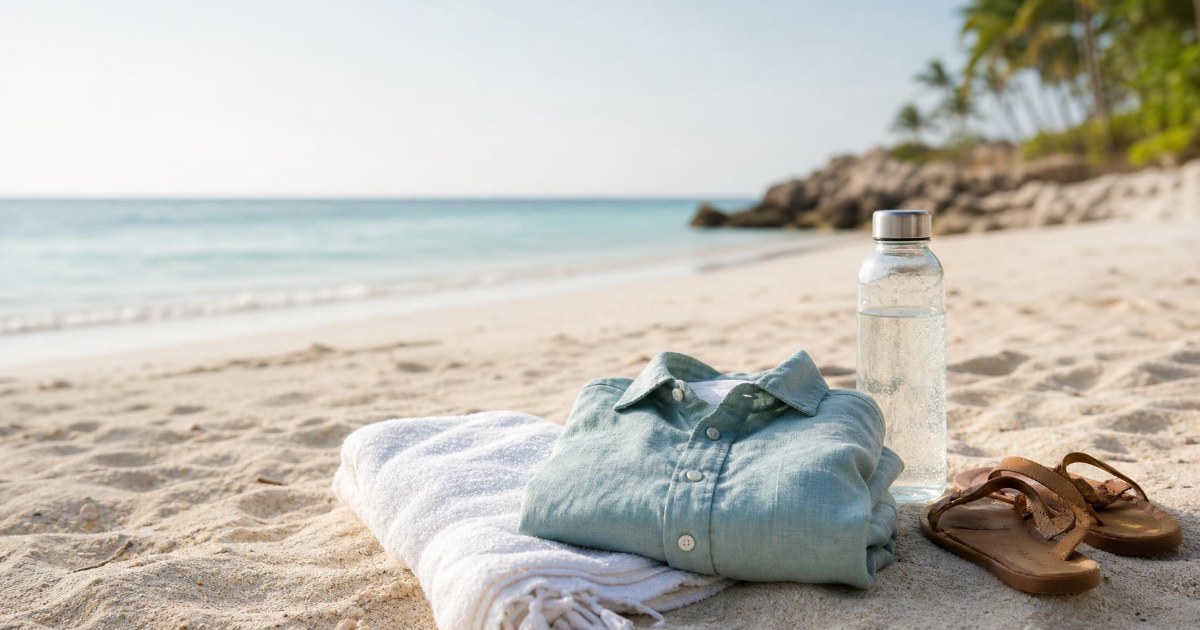 Sunlit Gulf Coast beach with a folded linen shirt and towel resting on the sand beside a pair of sandals.